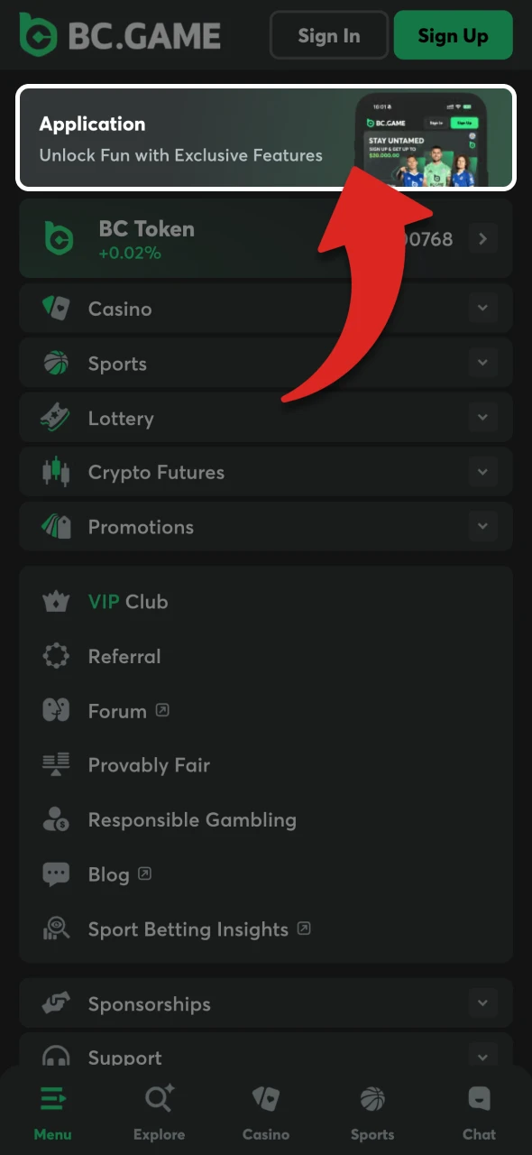 Find the application page by scrolling down the casino page.