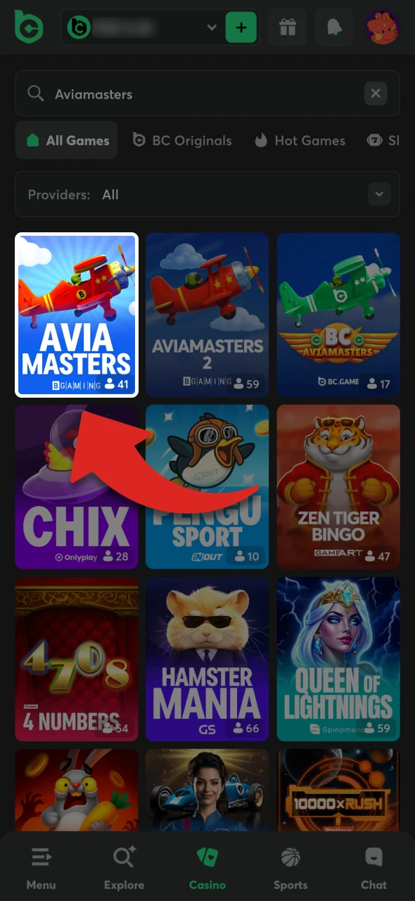Enter the Aviamasters game in the search on the casino website.