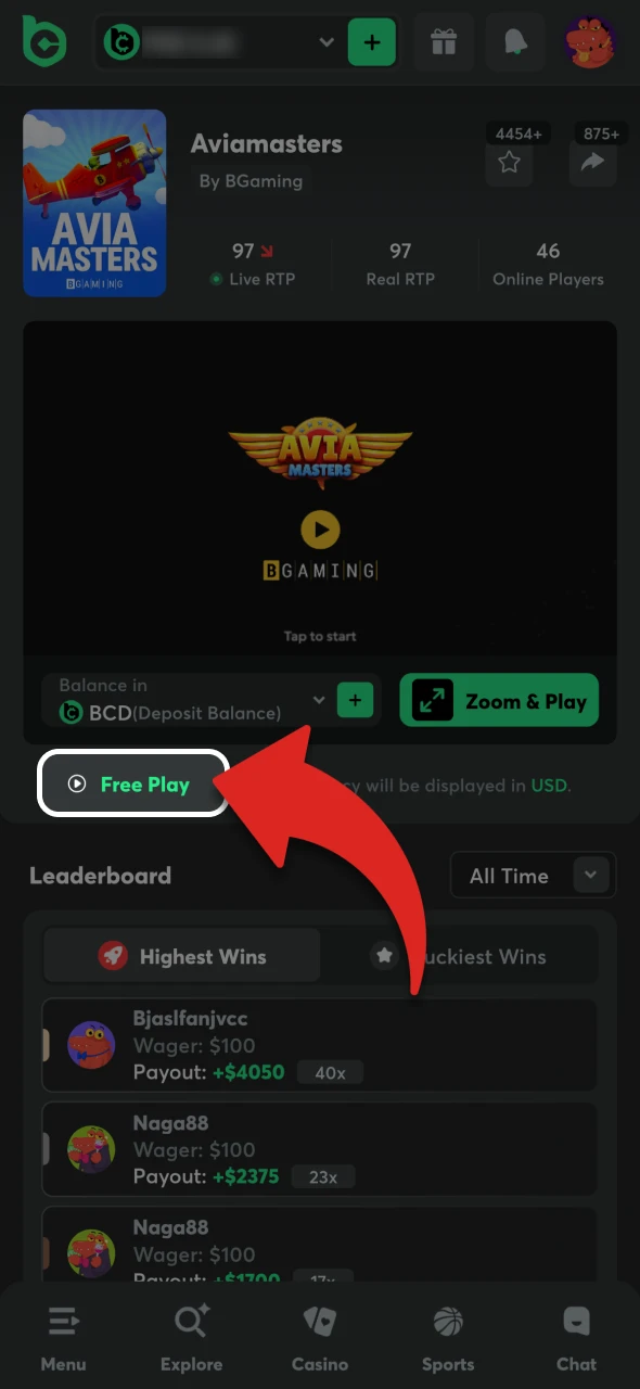 Choose the Aviamasters game version for real money or demo mode.