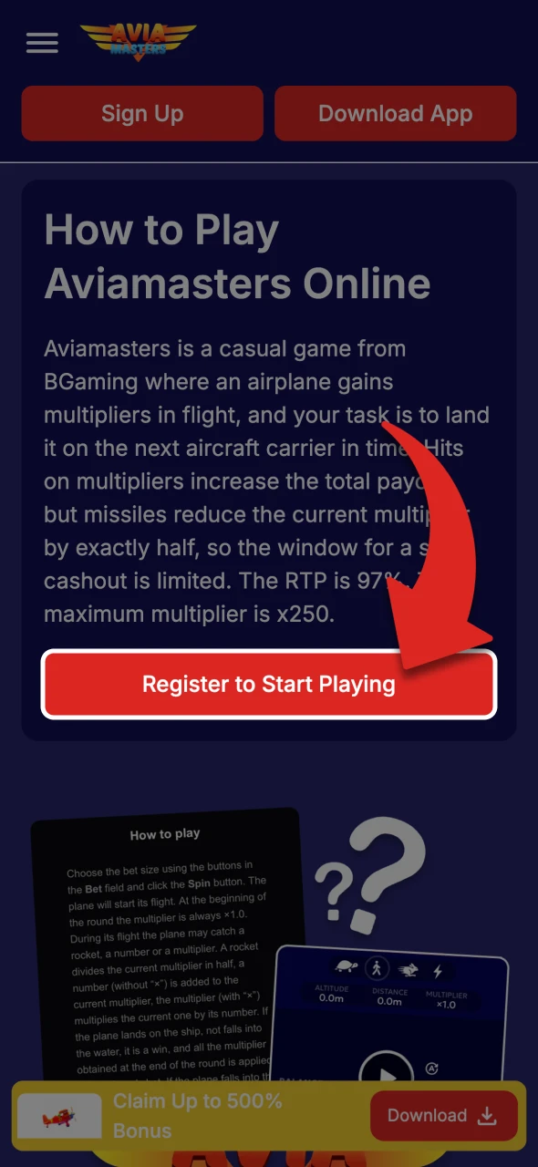 Proceed to register an account to start betting on Aviamasters.
