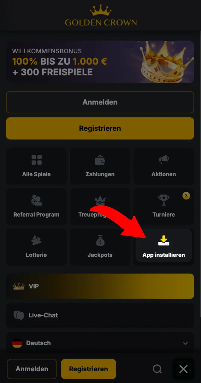 Finden Sie die Anmeldeseite, indem Sie auf der Casino-Seite nach unten scrollen.