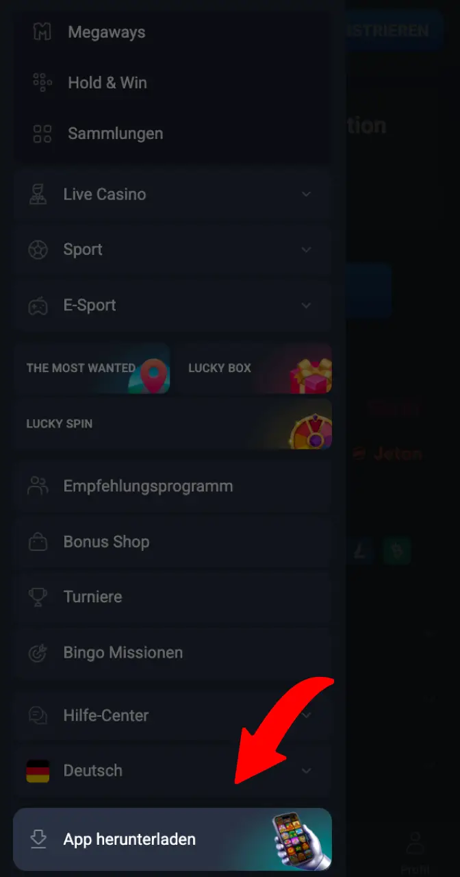 Fahren Sie mit dem Herunterladen der Anwendung auf der Casino-Website fort.