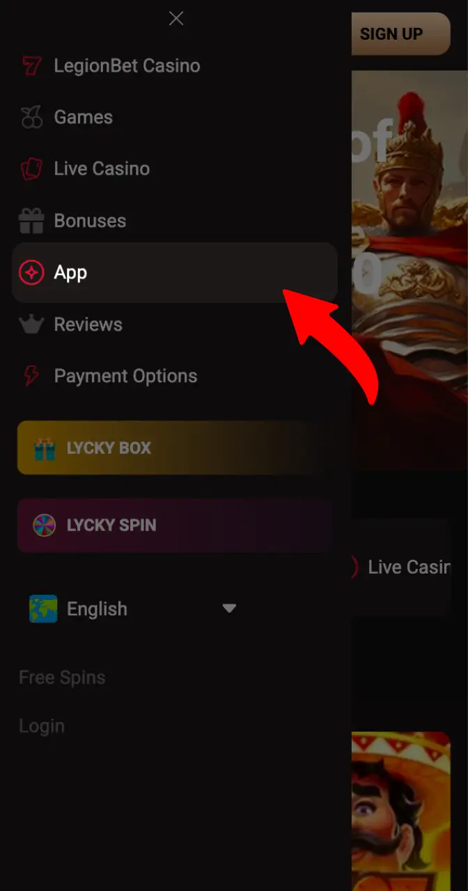 Find the application page by scrolling down the casino page.