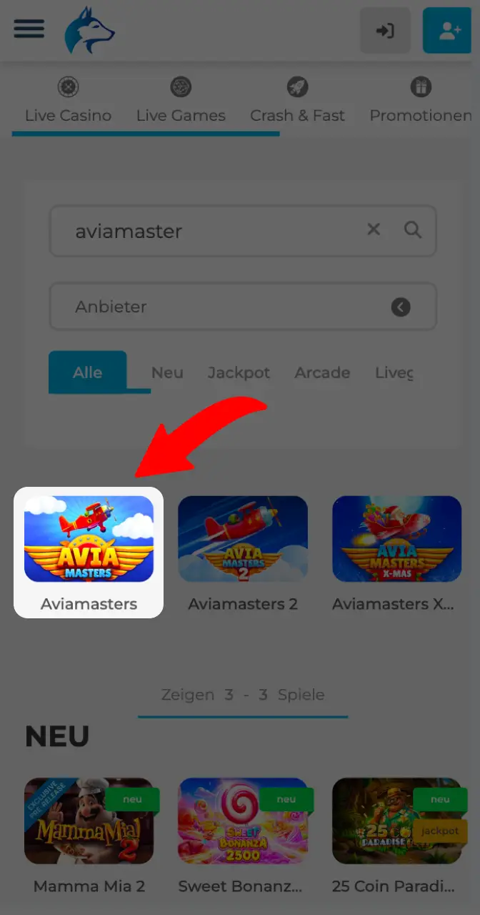 Geben Sie das Spiel Aviamasters in die Suchfunktion auf der Casino-Website ein.