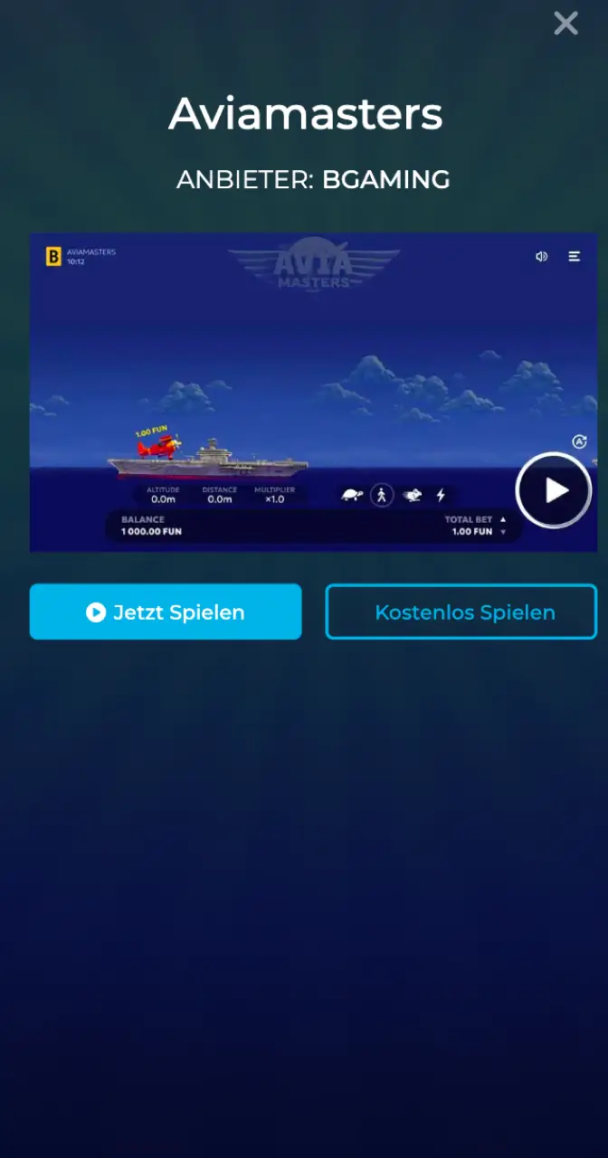 Wählen Sie die Aviamasters-Spielversion für Echtgeld oder den Demo-Modus.