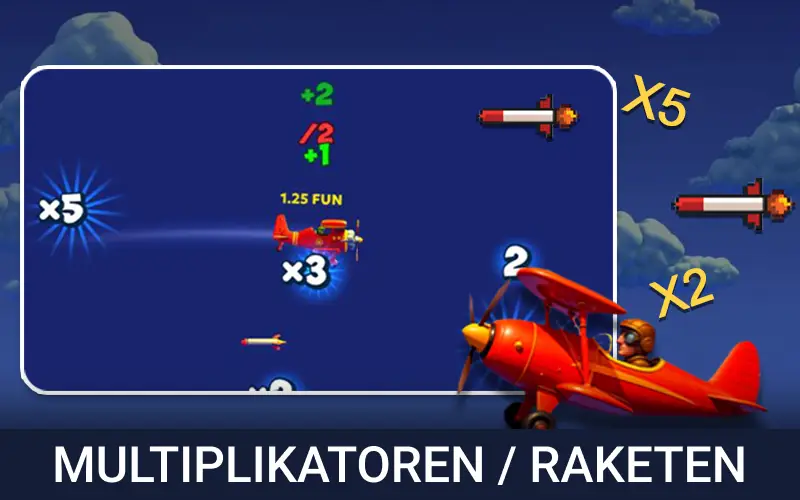 Sammle Multiplikatoren und weiche Raketen aus in Aviamasters.