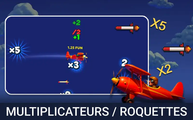 Observez les multiplicateurs et roquettes dans la version crash de Aviamasters.