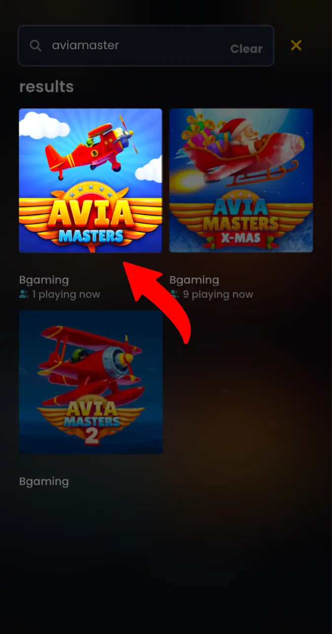 Enter the Aviamasters game in the search on the casino website.