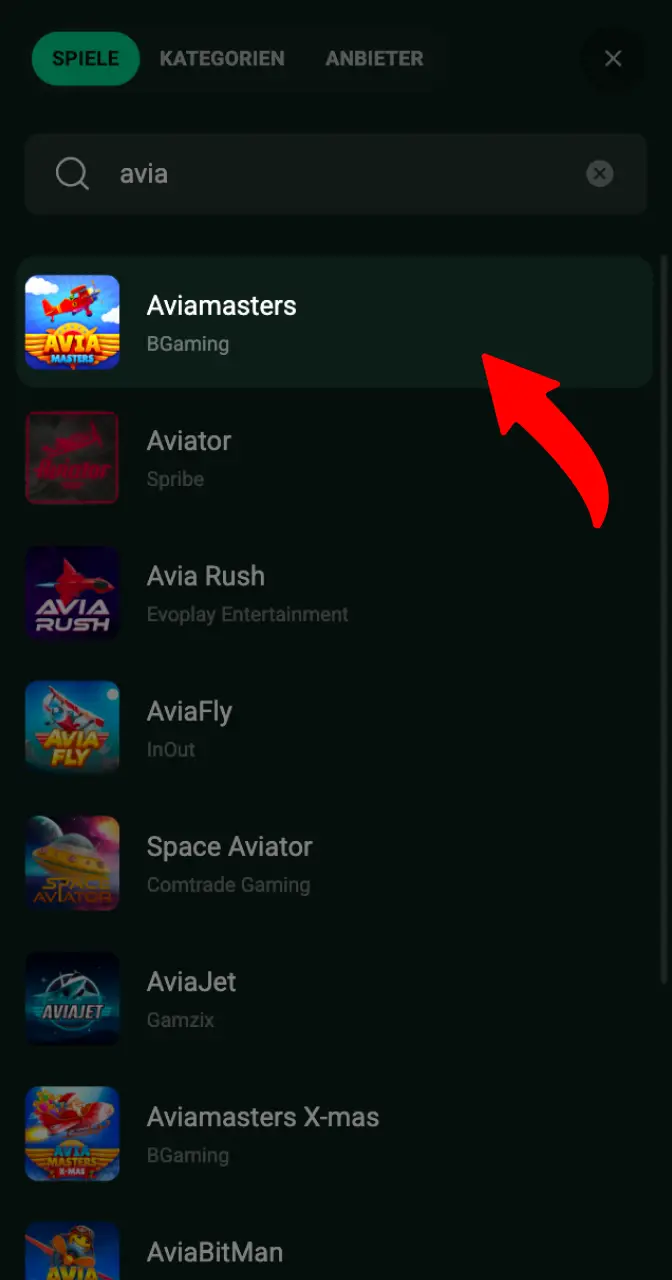 Gehen Sie zur Suchleiste des Casinos und suchen Sie nach Aviamasters.