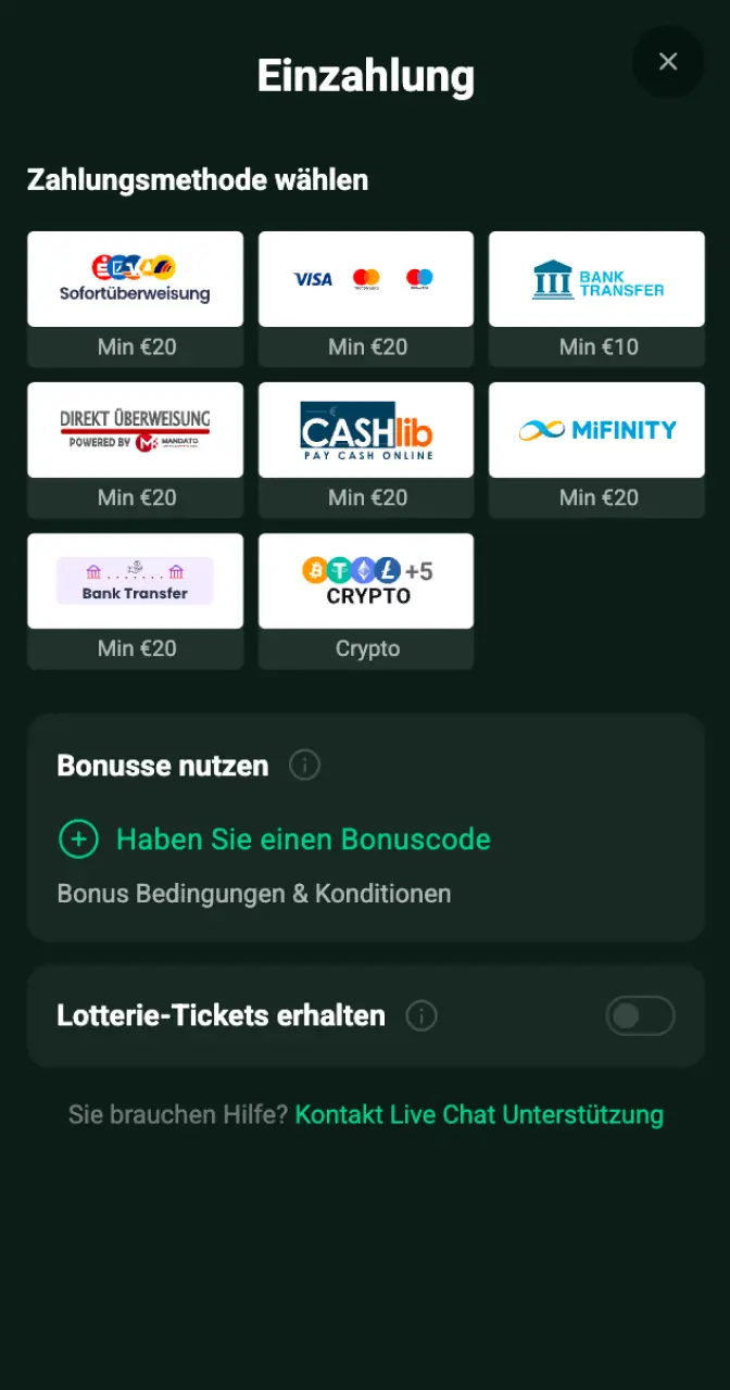 Laden Sie Ihr Casino-Konto für Echtgeld-Wetten bei Aviamasters auf.