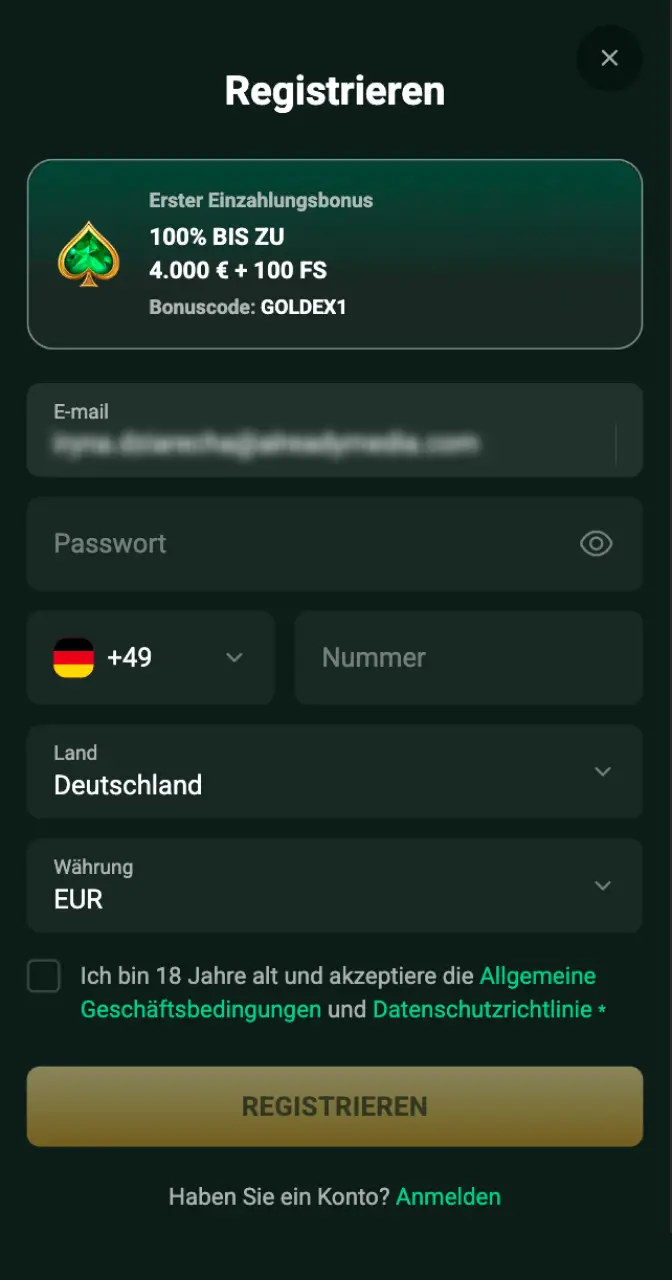 Erstellen Sie ein persönliches Casino-Konto, um bei Aviamasters mit dem Wetten zu beginnen.