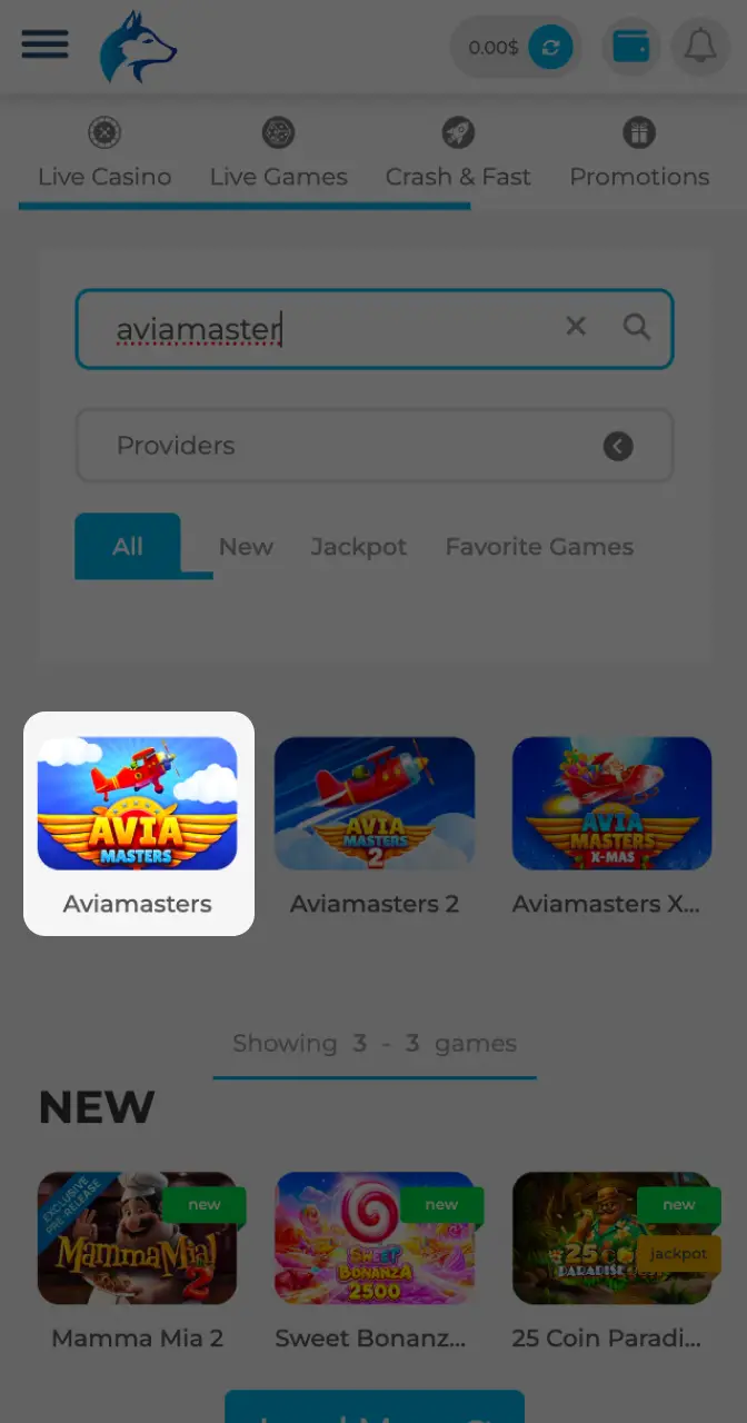 Search for the game in the casino lobby to find Aviamasters.