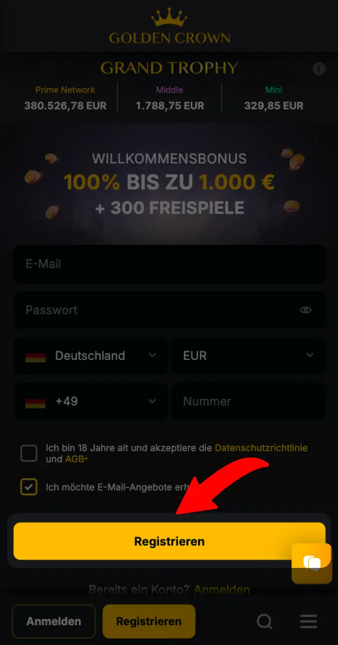 Registrieren Sie sich, um mit dem Wetten auf Aviamasters zu beginnen.